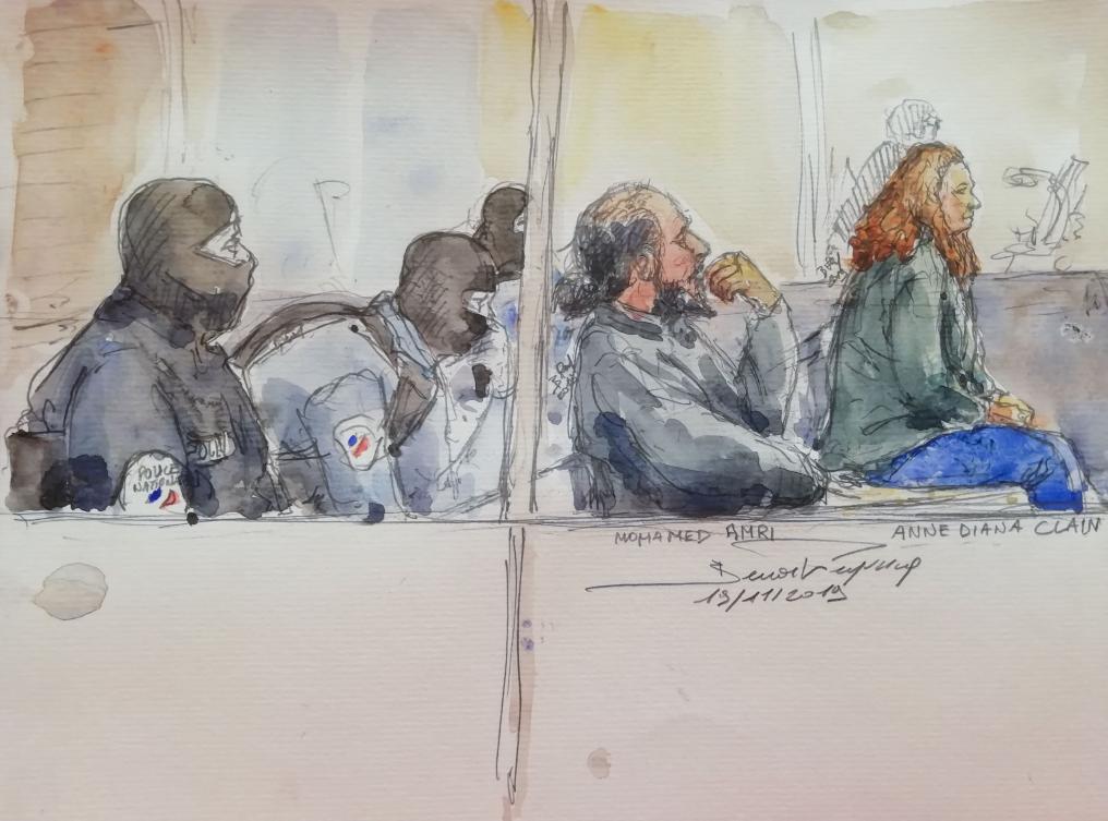 This court sketch made on November 19, 2019 shows Mohamed Amri (2nd-R) and Anne Diana Clain (R), who had tried to reach Syria to join extremists and her family between 2015 and 2016, during their trial at the criminal court in Paris. (File/AFP)