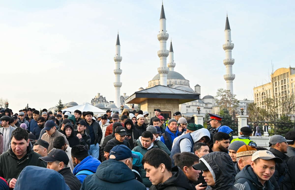 Muslim worshippers leave the Imam Sarakhsi Central Mosque after the Eid al-Fitr prayer which marks the end of the holy fasting month of Ramadan in Bishkek on March 30, 2025. (AFP)