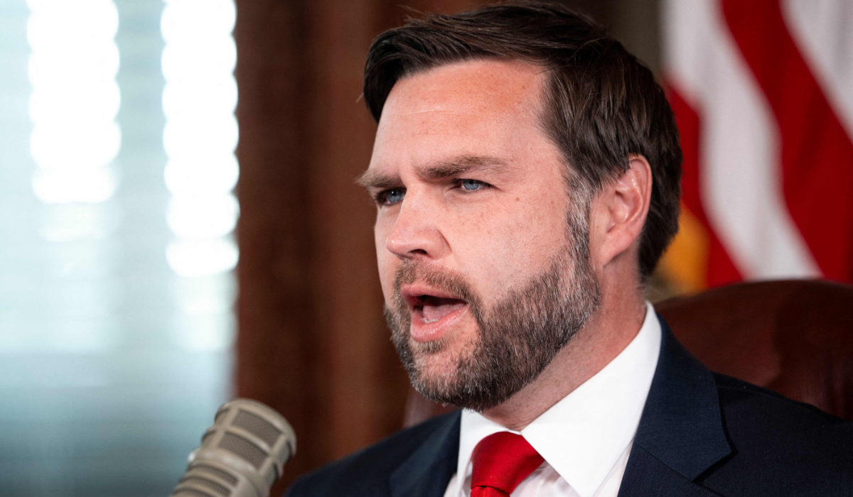 US Vice President JD Vance hosts an episode of the Charlie Kirk Show in the Eisenhower Executive Office Building on the White House campus in Washington, DC, on September 15, 2025. (AFP)