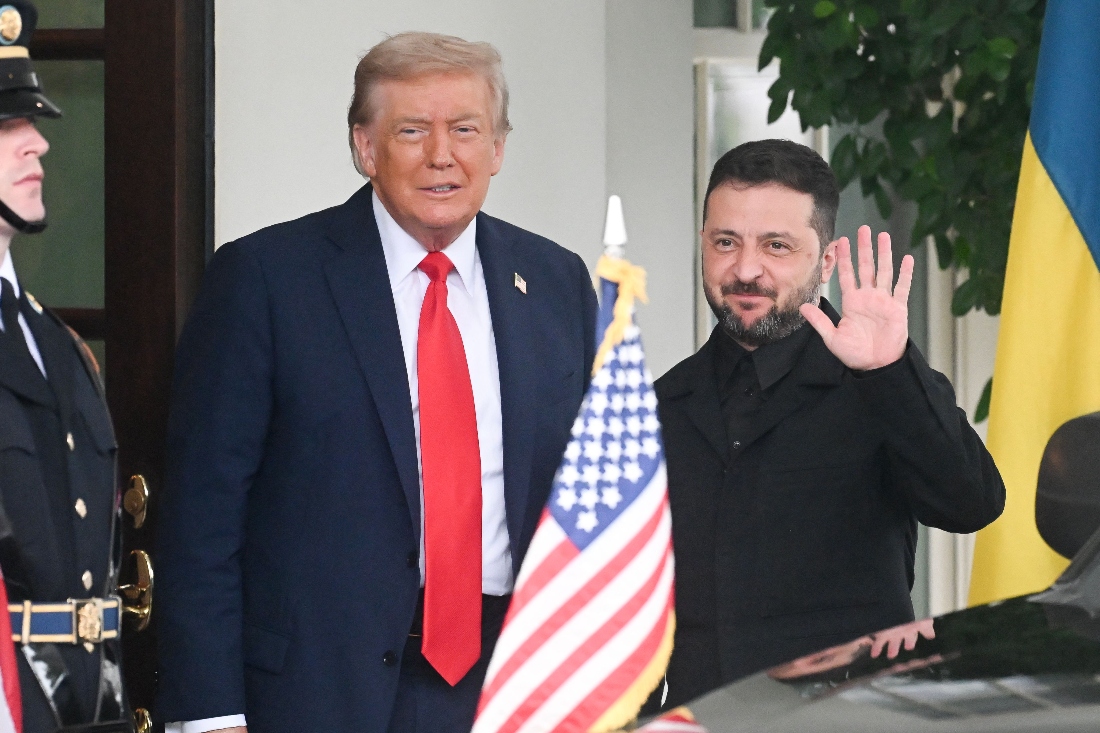 Ukrainian President Volodymyr Zelensky is greeted by US President Donald Trump upon arrival at the White House West Wing in Washington, DC. (AFP)