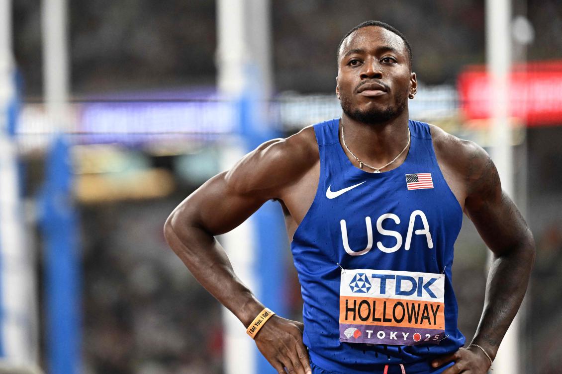 US’ Grant Holloway reacts after competing in the men’s 110m hurdles semifinal during the World Athletics Championships in Tokyo on Sept. 16, 2025. (AFP)