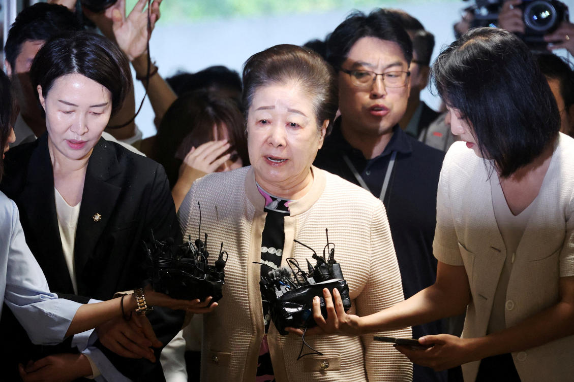 Han Hak-ja, center, has been accused of instructing the religious group to bribe former First Lady Kim Keon Hee and Kweon Seong-dong, a veteran lawmaker. (Reuters)
