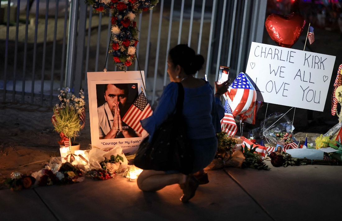 Makeshift memorial for Charlie Kirk outside of the headquarters of Turning Point USA in Phoenix, Arizona, US. (AFP)