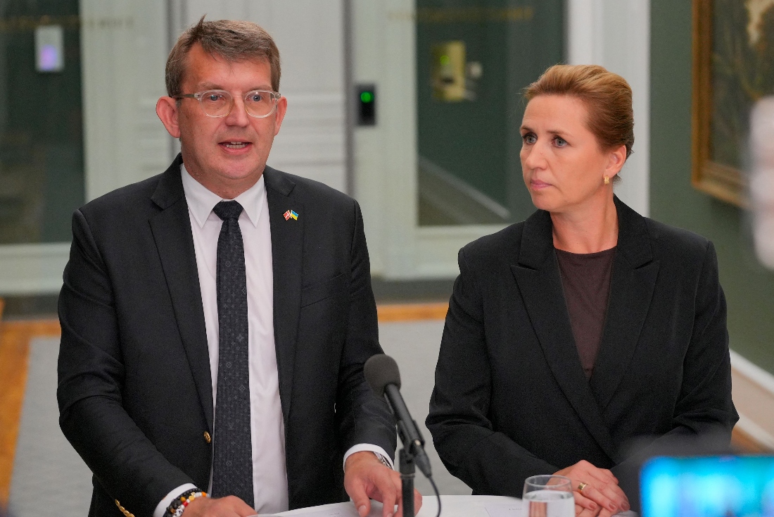 Denmark's Prime Minister Mette Frederiksen and Deputy Prime Minister and Minister of Defense Troels Lund Poulsen hold a meeting at the Prime Minister's office in Copenhagen, Denmark. (AFP)