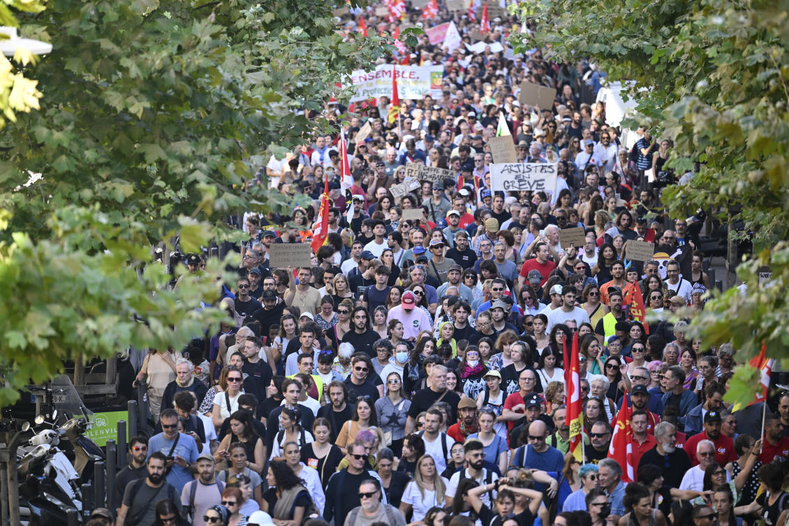 Protesters march during an rally in Marseille, south of France on Sept. 10, 2025. (AP)