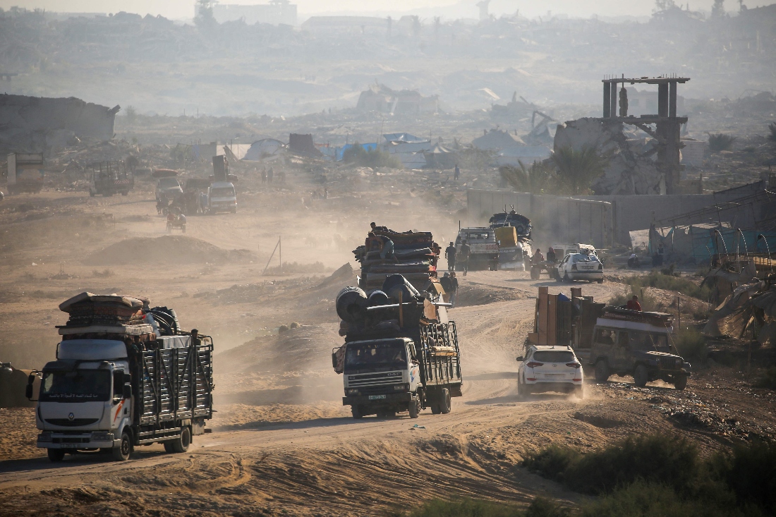 Displaced Palestinians move with their belongings southwards on a road in the Nuseirat refugee camp area in the central Gaza Strip following renewed Israeli evacuation orders for Gaza City. (AFP)
