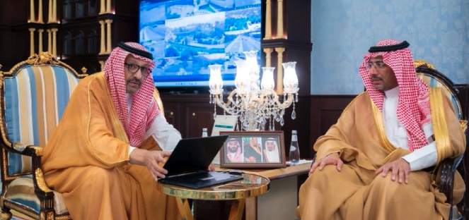 Prince Hussam bin Saud bin Abdulaziz with Minister of Industry and Mineral Resources Bandar bin Ibrahim Alkhorayef. X/@Jarrah_4