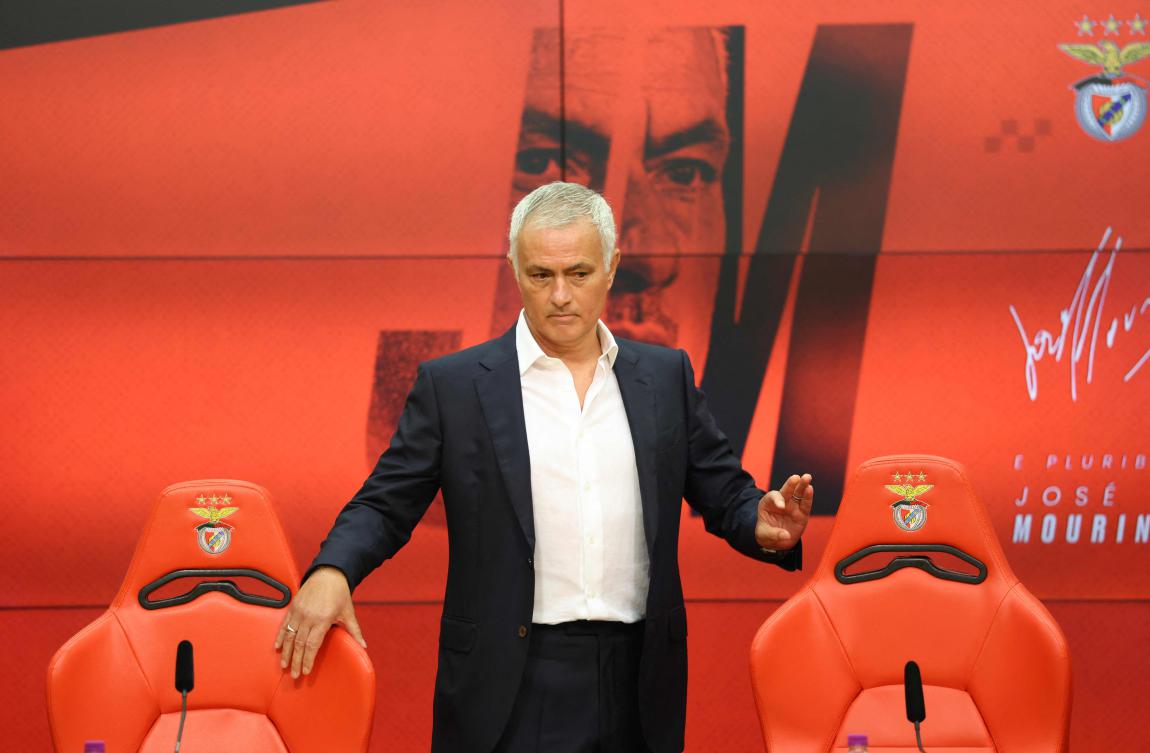 Portuguese coach Jose Mourinho attends a press conference during his official presentation as new Benfica coach at the Benfica Campus training center in Seixal, on the outskirts of Lisbon, on Sept. 18, 2025. (AFP)