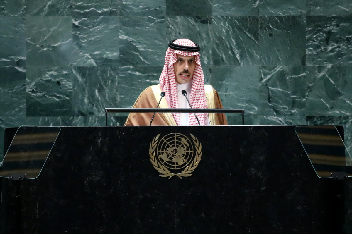 Saudi Arabian Minister for Foreign Affairs Prince Faisal bin Farhan speaks during the 79th Session of the UN General Assembly in New York City on September 28, 2024. (AFP/File)