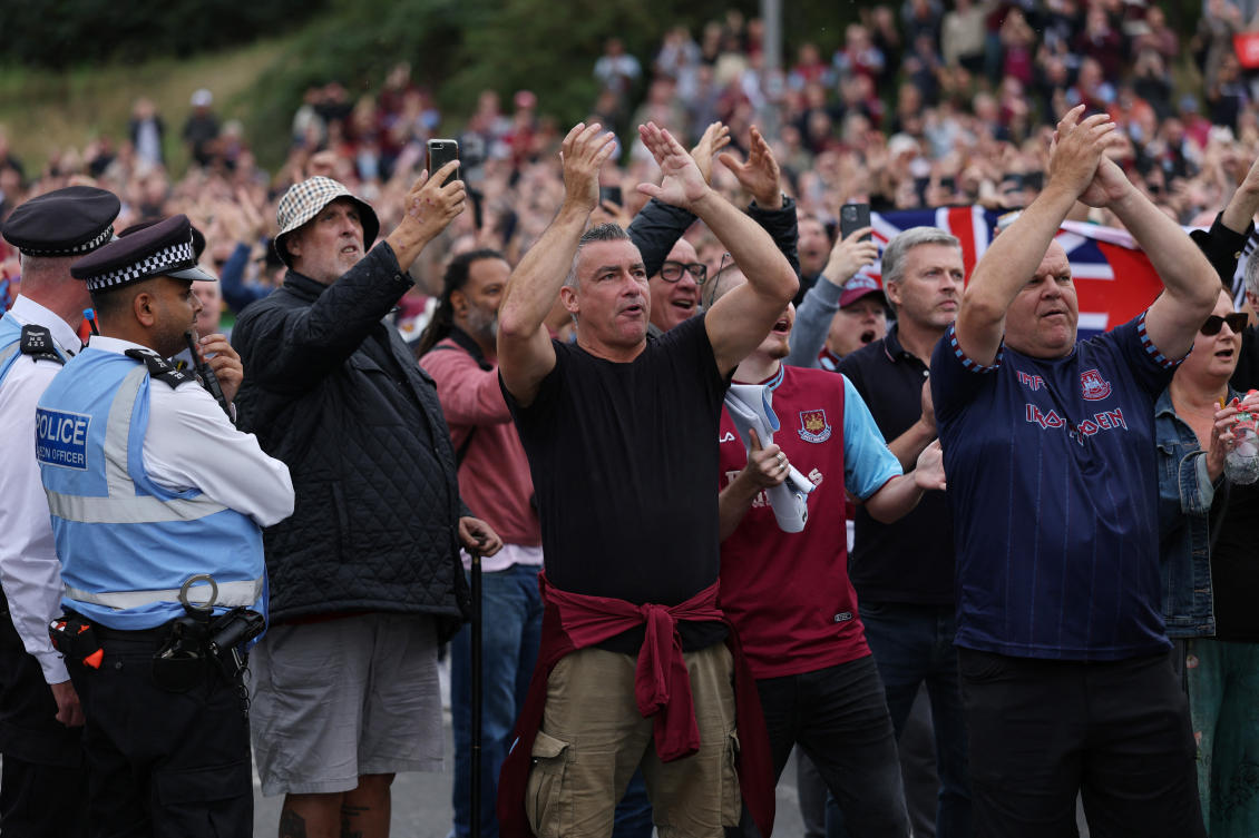 West Ham United fans during a protest outside the stadium before their match against Crystal Palace at London Stadium, London, Sept. 20, 2025. (Reuters)