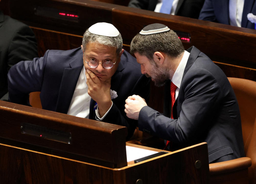 Israeli National Security Minister Itamar Ben Gvir and Finance Minister Bezalel Smotrich (R-L). (File/AFP)