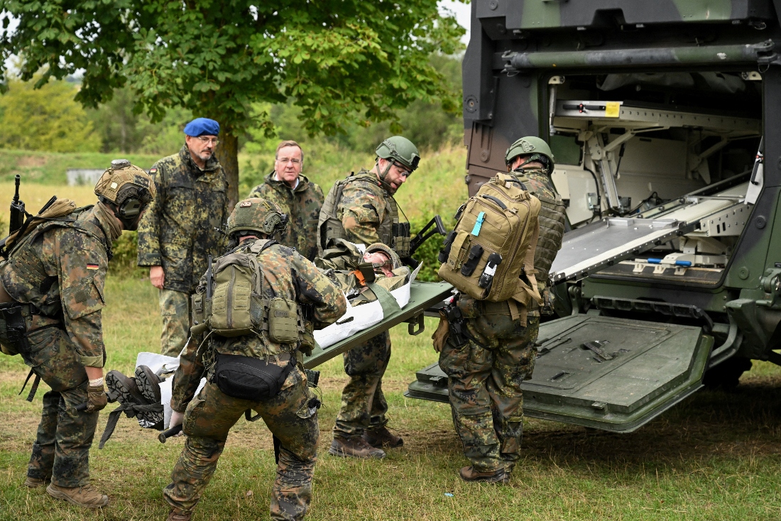 Members of the military demonstrate a rescue operation during an exercise, on the day of German Defence Minister Boris Pistorius's visit at the medical service of the Bundeswehr in Ulm, Germany. (Reuters)