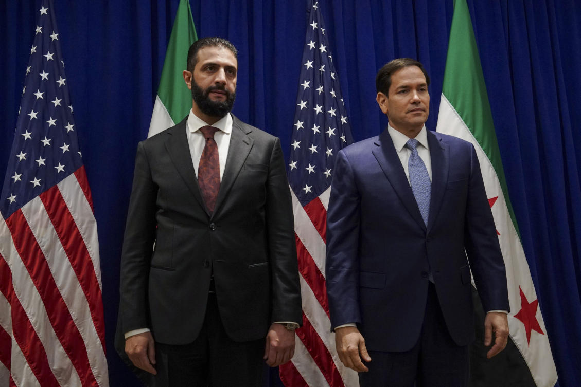 Syrian interim President Ahmad Al-Sharaa meets Secretary of State Marco Rubio at the Lotte New York Palace Hotel, on the sidelines of the 80th United Nations General Assembly at the United Nations headquarters, Monday, Sept. 22, 2025. (AP)