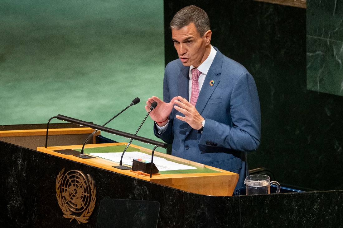 Spain's Prime Minister Pedro Sanchez speaks during a high profile meeting at the United Nations aimed at galvanizing support for a two-state solution to the Israeli Palestinian conflict at the UN headquarters. (AP)