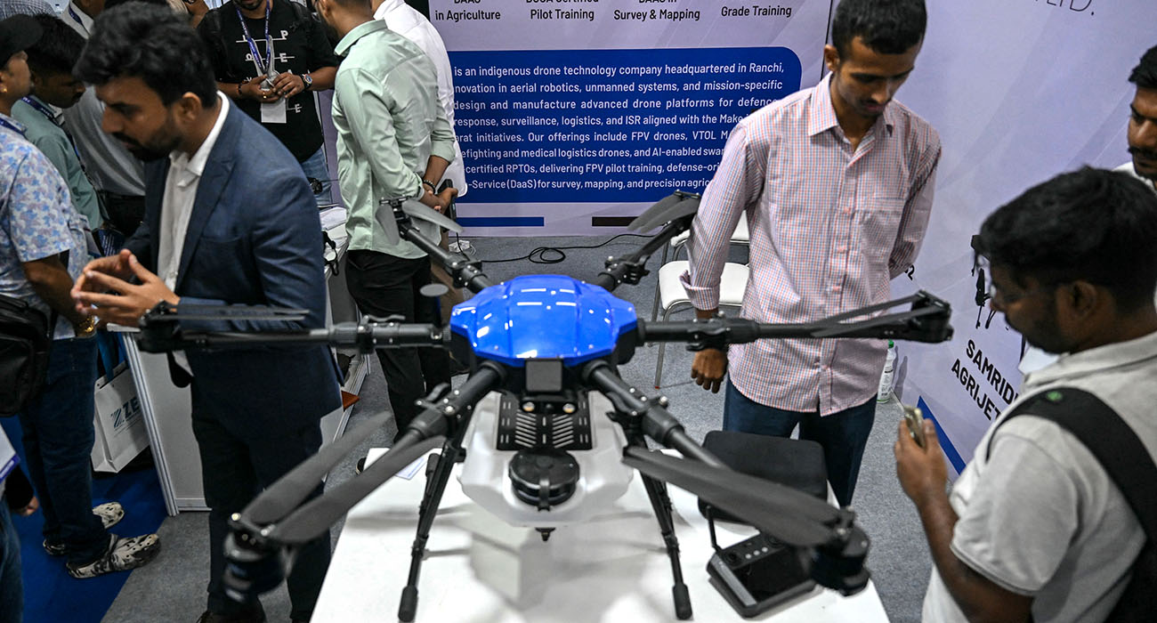 A drone is displayed at the International Police and Drone Expo 2025 in New Delhi on July 31, 2025. (AFP)