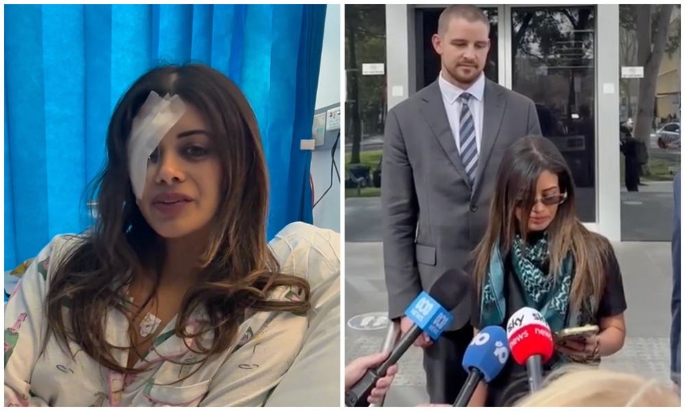 A police officer in Australia has been charged with assault over the arrest of former Greens candidate Hannah Thomas (injured left, speaking outside court right) during a pro-Palestinian rally in Sydney. (Screenshot/Instagram/@hannah4grayndler)
