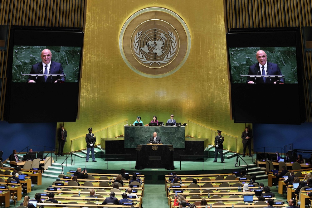 Above, President of Lebanon Joseph Aoun speaks during the United Nations General Assembly on Sept. 23, 2025 in New York City. (Getty Images via AFP)