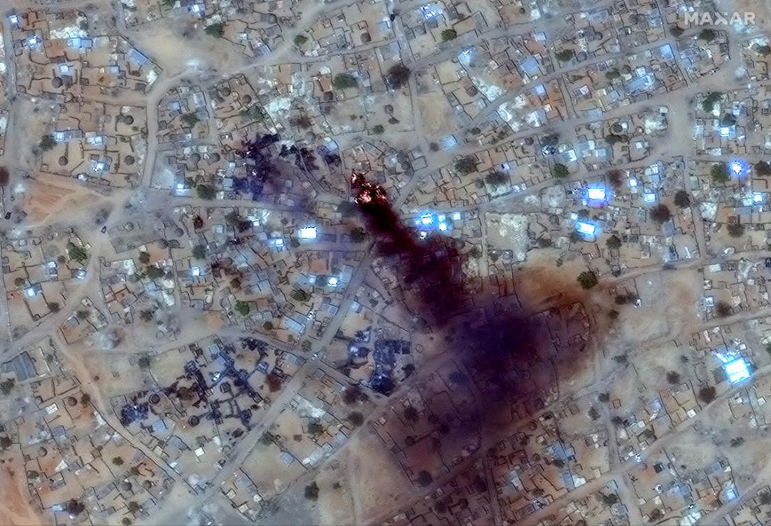 This handout image courtesy of Maxar Technologies taken on April 16, 2025 and released on April 17, 2025, shows fire and smoke at Zamzam camp near the besieged Darfur city of El-Fasher. (File/AFP)