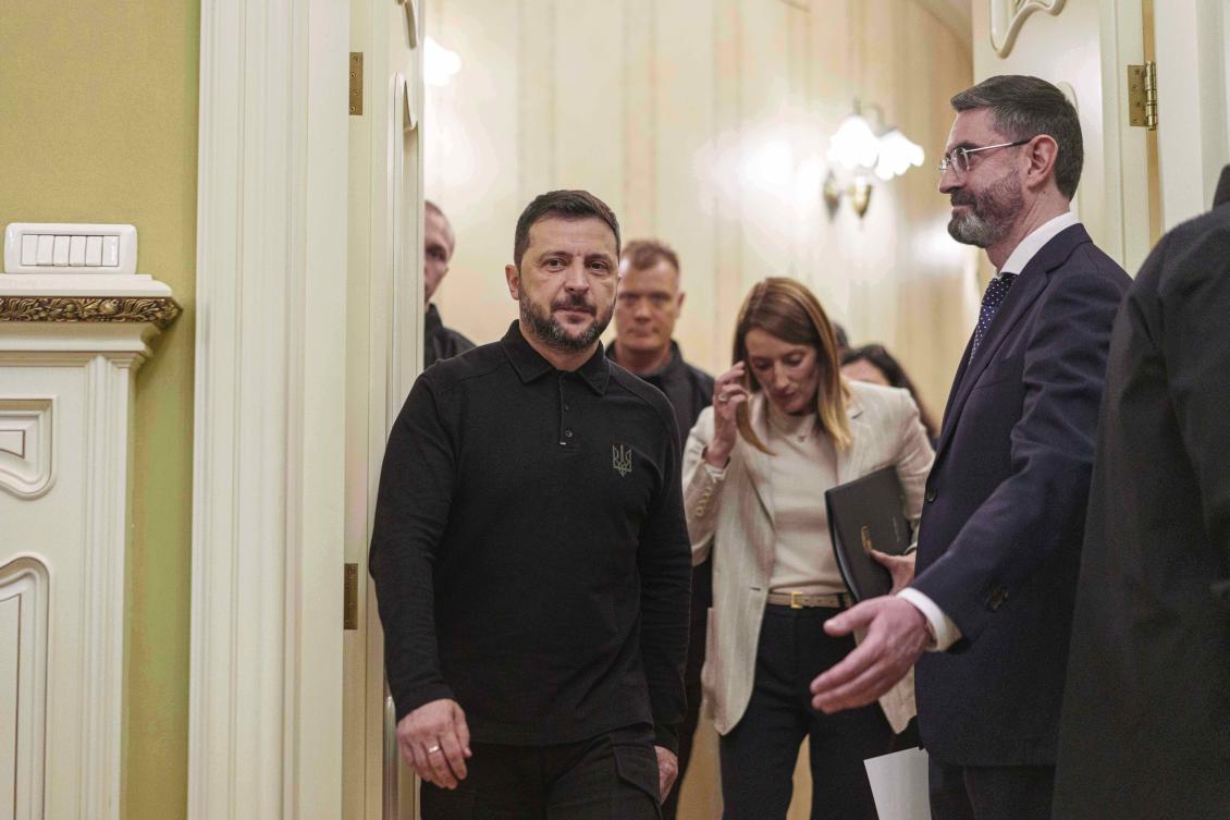 Ukraine's President Volodymyr Zelenskyy walks with European Parliament President Roberta Metsola before a joint press conference in Kyiv, Ukraine, on Wednesday, Sept. 17, 2025. (AP)