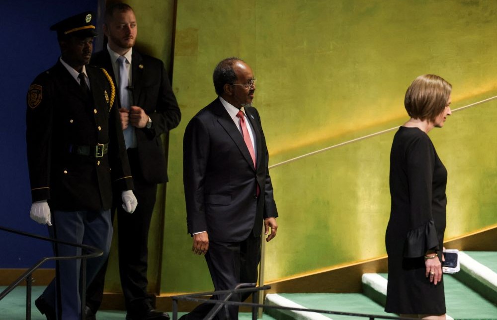 Somalia’s president Hassan Sheikh Mohamud walks to the podium ahead of addressing the 80th United Nations General Assembly (UNGA), UN headquarters, New York, US, Sept. 25, 2025. (Reuters)