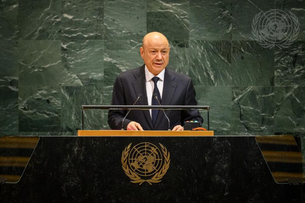 Chairman of the Presidential Leadership Council of Yemen Rashad Al-Alimi addresses the 80th United Nations General Assembly (UNGA), at UN headquarters, New York, US, Sept. 25, 2025. (UN)