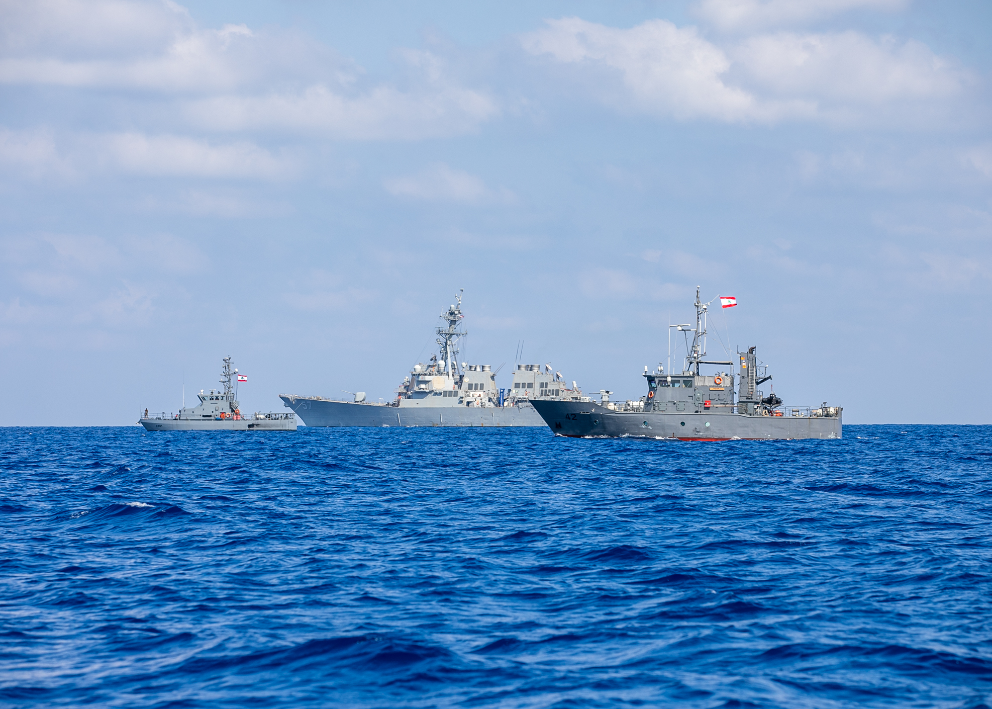 The destroyer USS Mitscher and two Lebanese navy vessels take part in joint exercises in the Mediterranean. (CENTCOM)