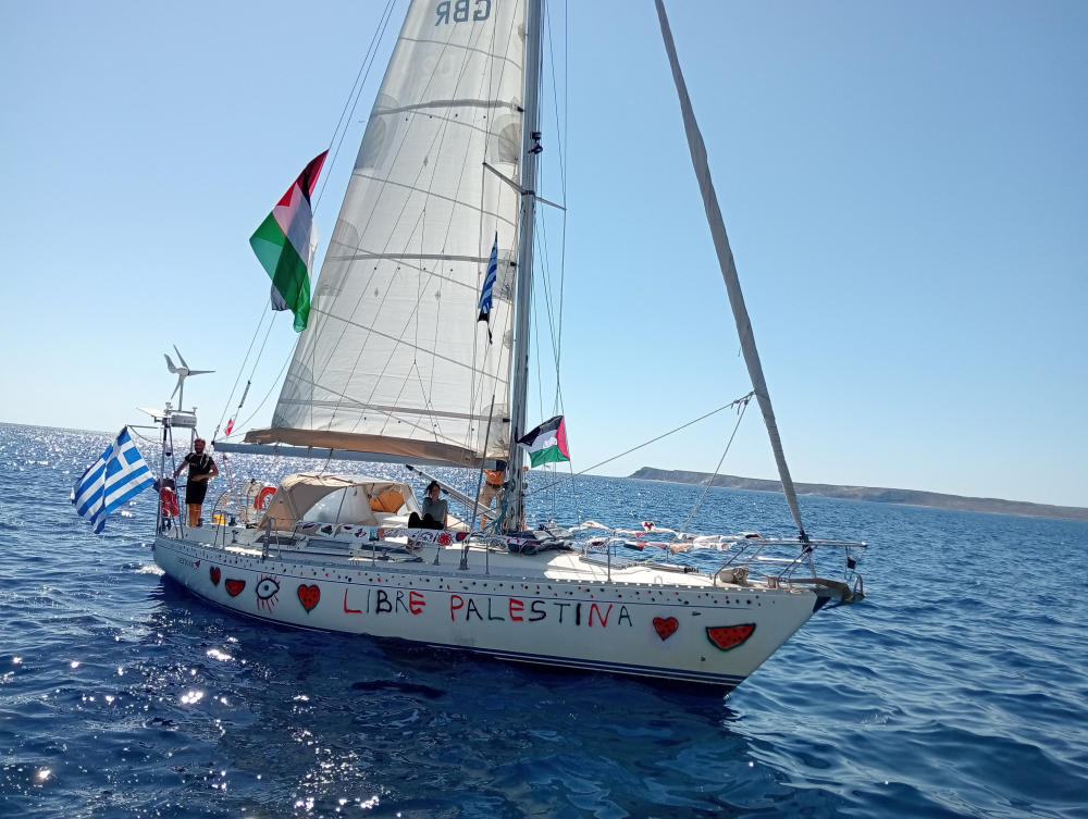 The boat Oxygono is sailing off Crete island before joining the Global Sumud Flotilla, Sept. 25, 2025. (Reuters)