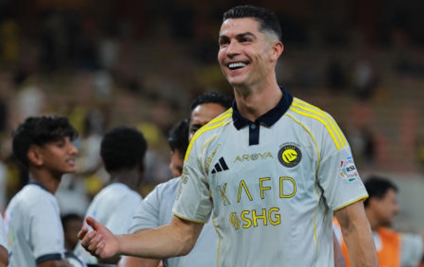 Al-Nassr’s Cristiano Ronaldo celebrates after their Saudi Pro League match against Al-Ittihad at King Abdullah Sport City Stadium, Jeddah, on Sept. 26, 2025. (Reuters)