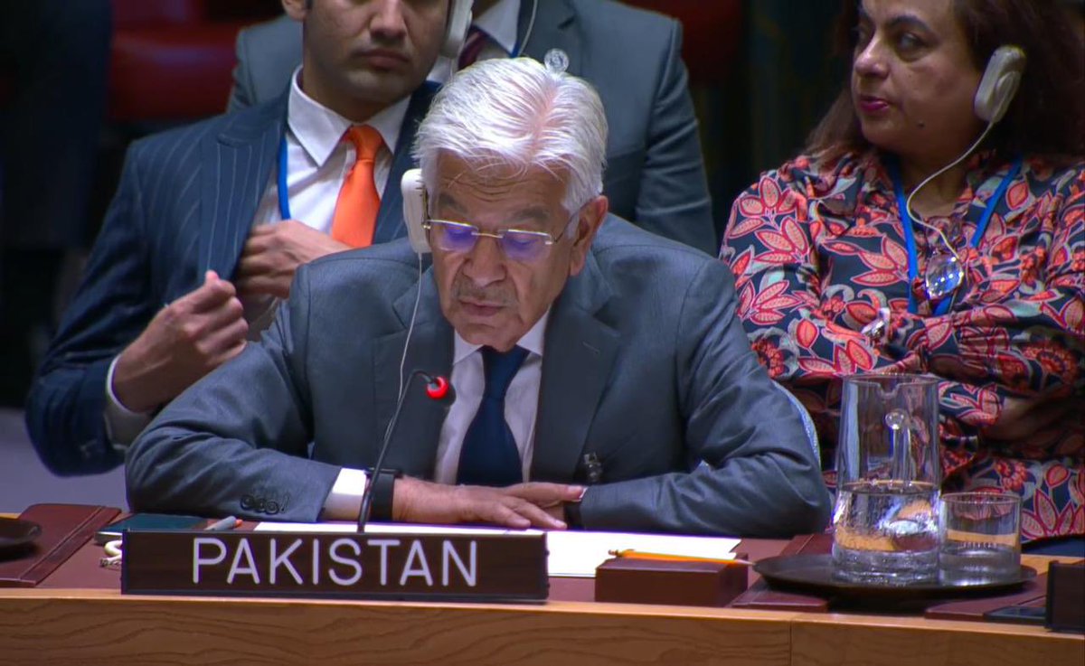 Pakistani Defense Minister Khawaja Asif is seen with researcher Shama Junejo, right, while attending a Security Council debate at the UN Headquarters in New York on Sept. 24, 2025. (Pakistan Ministry of Defense)