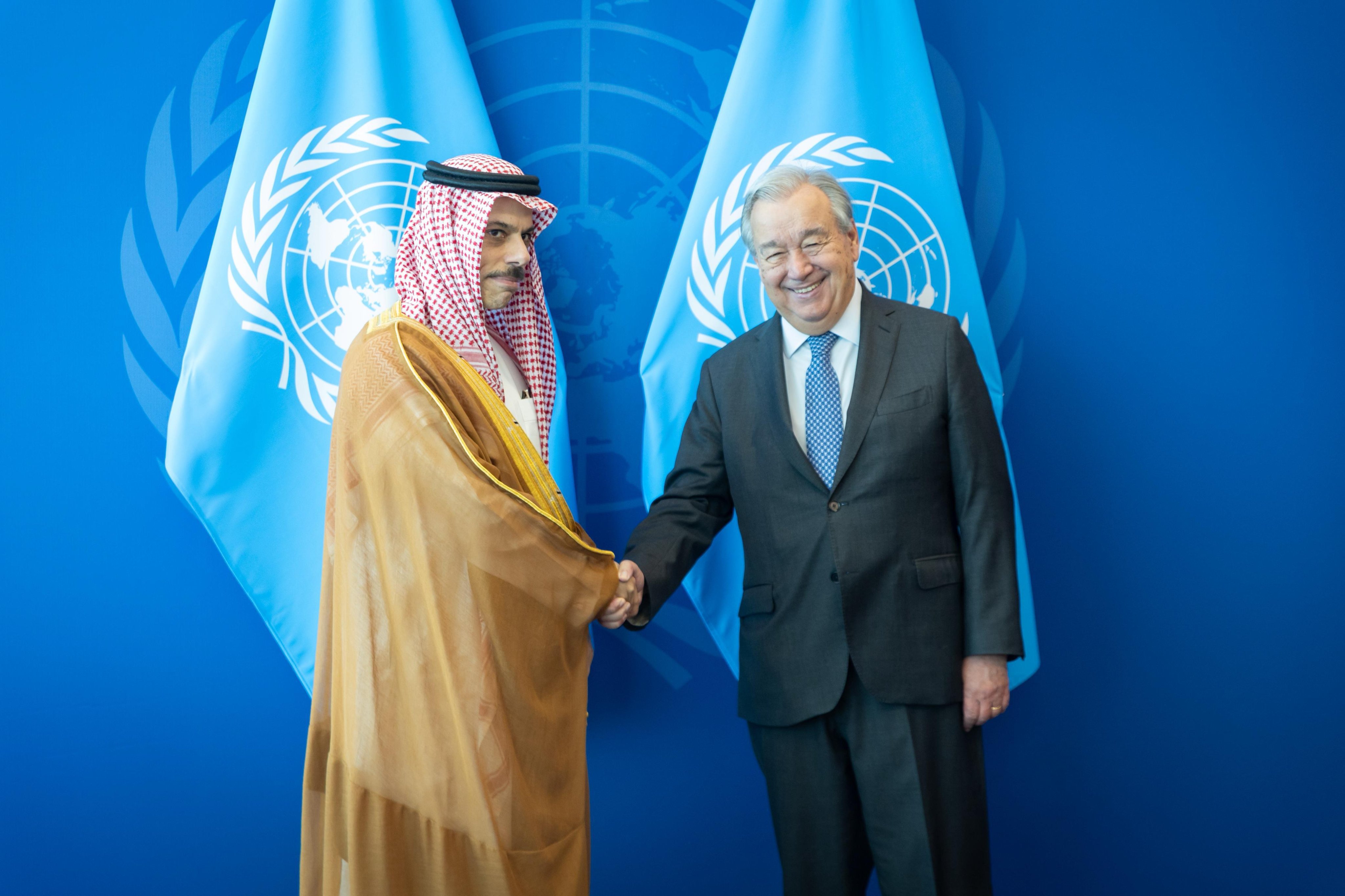 Saudi Foreign Minister Prince Faisal bin Farhan met United Nations Secretary-General Antonio Guterres in New York on Friday on the sidelines of the 80th session of the UN General Assembly. (SPA)