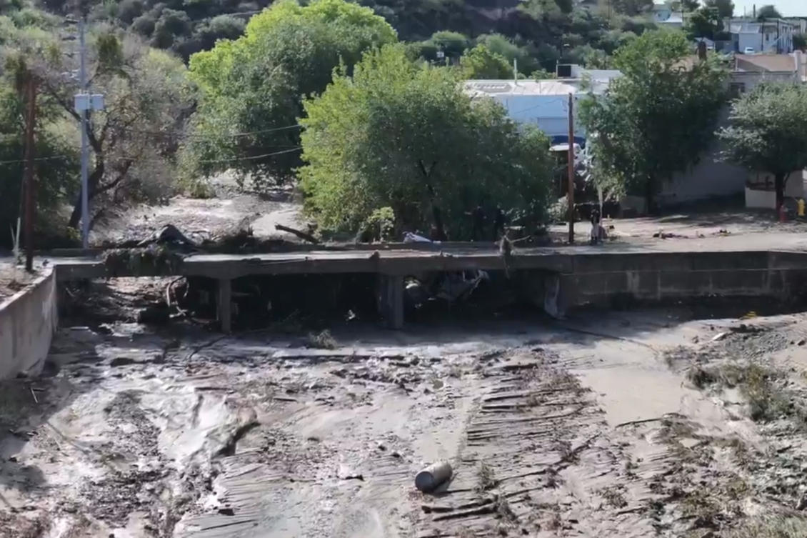 Damage from flooding in Globe, Ariz., is seen on Saturday morning, Sept. 27, 2025. (Adam Klepp/KNXV-TV - ABC15 Arizona via AP)