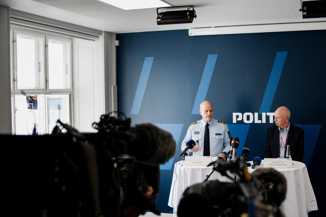 Peter Ekebjaerg from the National Police, left, and Henrik Brodersen, acting director of the Danish Security Agency hold a press conference at the Police Headquarters, in Copenhagen, Denmark, Friday Sept. 26, 2025. (Sebastian Elias Uth/Ritzau Scanpix via AP)