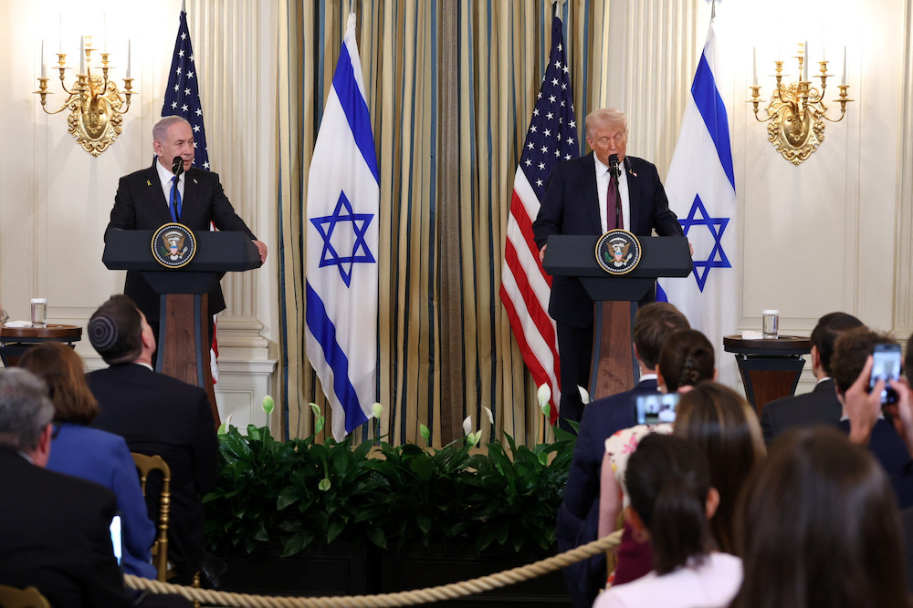 US President Donald Trump and Israeli Prime Minister Benjamin Netanyahu hold a joint press conference in the State Dining Room at the White House in Washington, D.C., US, September 29, 2025. (Reuters)