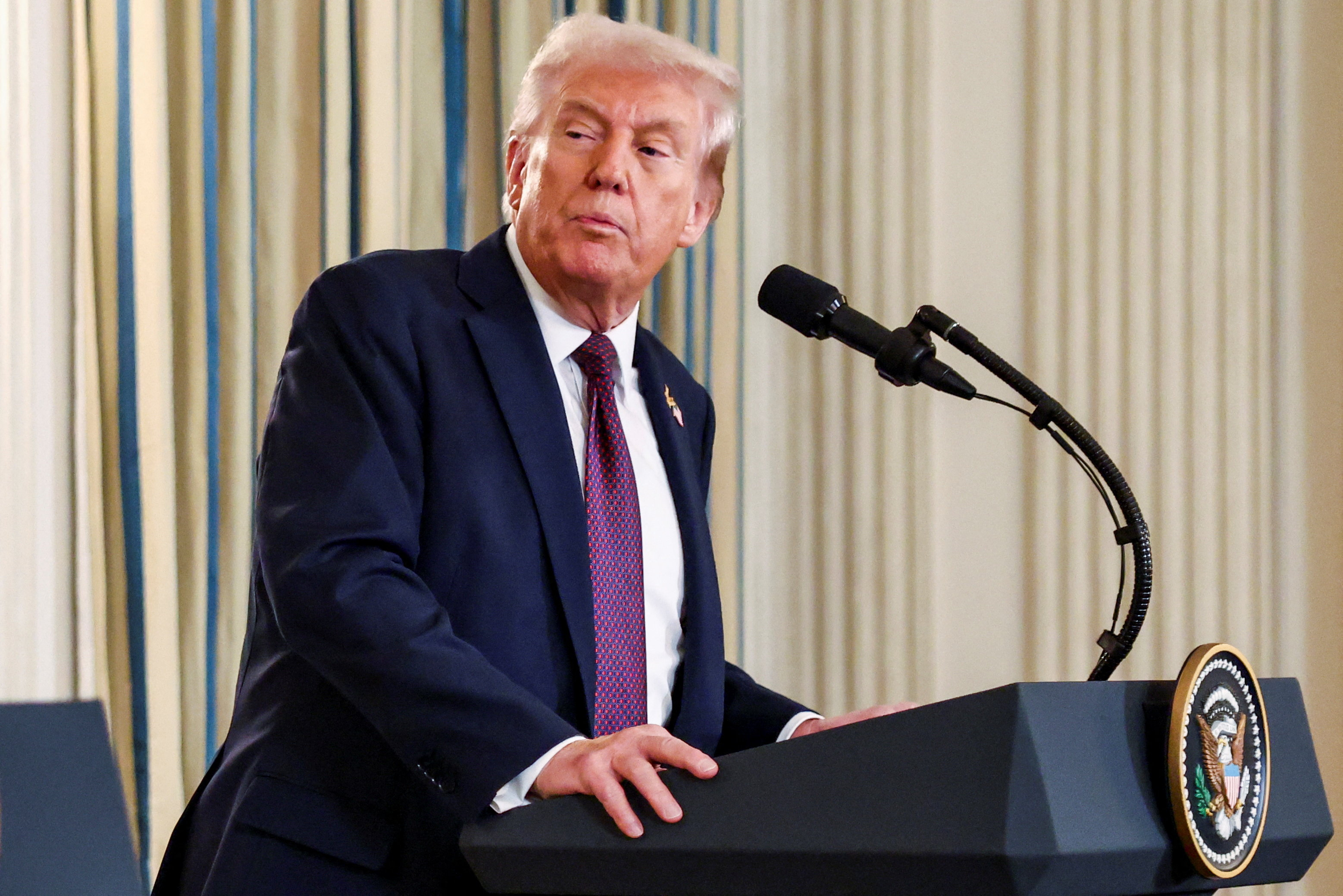 US President Donald Trump speaks during a joint press conference with Israeli Prime Minister Benjamin Netanyahu (not pictured) in the State Dining Room at the White House, in Washington, D.C., US, September 29, 2025. (Reuters)