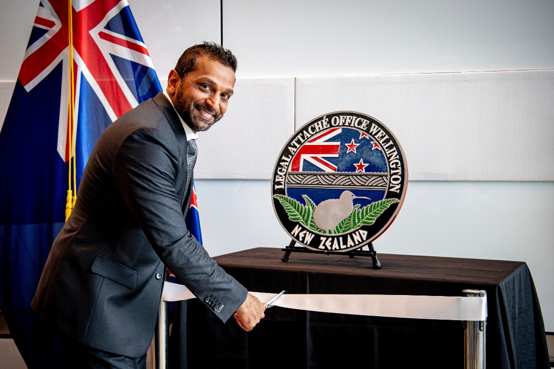 In this photo released by the US Embassy in Wellington, New Zealand, FBI Director Kash Patel cuts the ribbon at the official opening of the FBI office in Wellington, New Zealand. (AP)