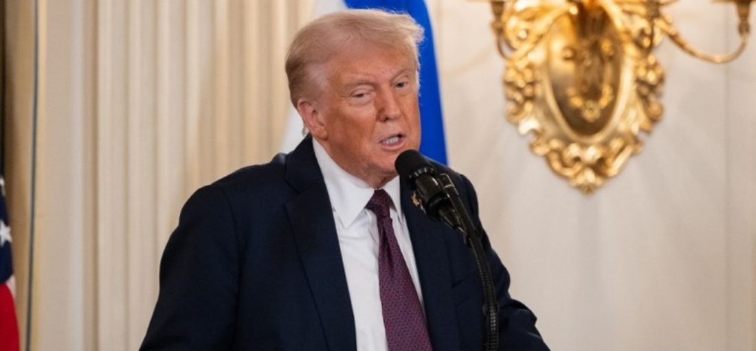 US President Donald Trump gives opening remarks during a press conference at the State Dining Room of the White House in Washington, DC. (AFP)