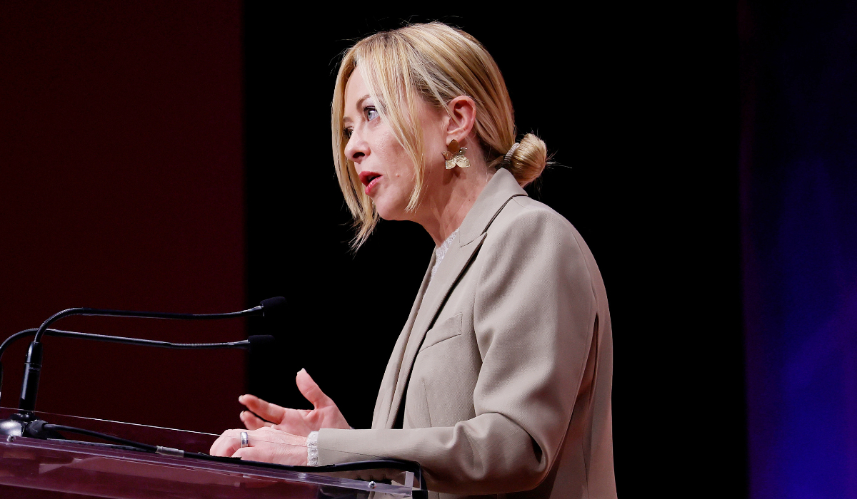 Italian Premier Giorgia Meloni speaks at the Global Summit World Travel and Tourism Council in Rome, Monday, Sept. 29 , 2025. (AP)