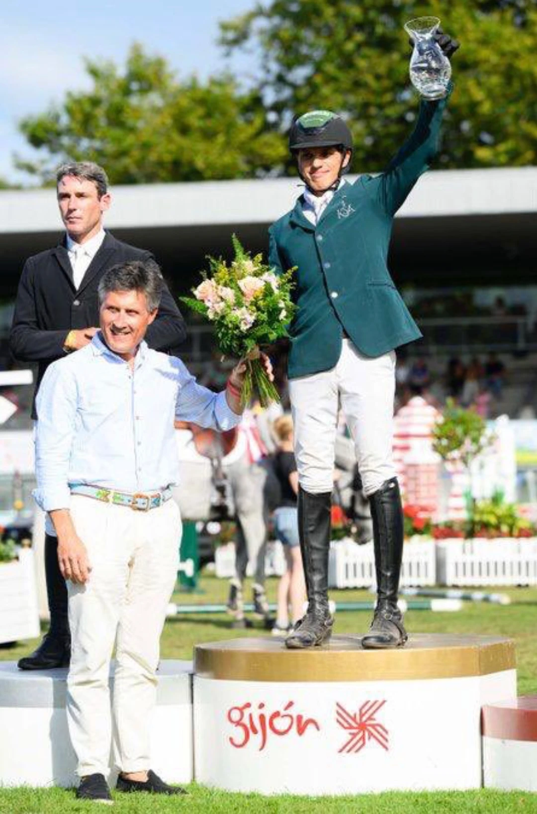 Saudi Olympic rider Abdullah Al-Sharbatly receiving his trophy after topping the CSI2* Grand Prix round at the Gijón Championship in Spain. (X: @PDMGijon)