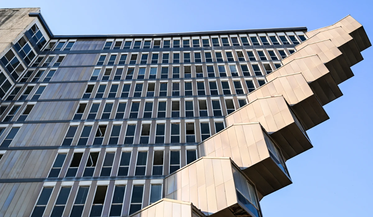 The Hotel du Lac (Lake Hotel) building, designed in the Brutalist style by Italian architect Raffaele Contigiani and completed in 1973, is pictured in the city centre of Tunis on June 9, 2025. (AFP)