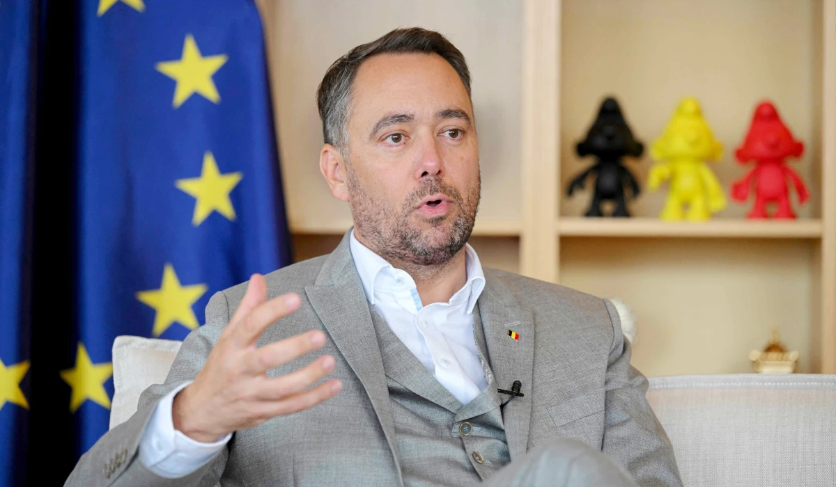 Belgium's Vice-Prime Minister and Minister of Foreign Affairs Maxime Prevot gestures during an interview with AFP in Brussels, on September 5, 2025. (AFP)