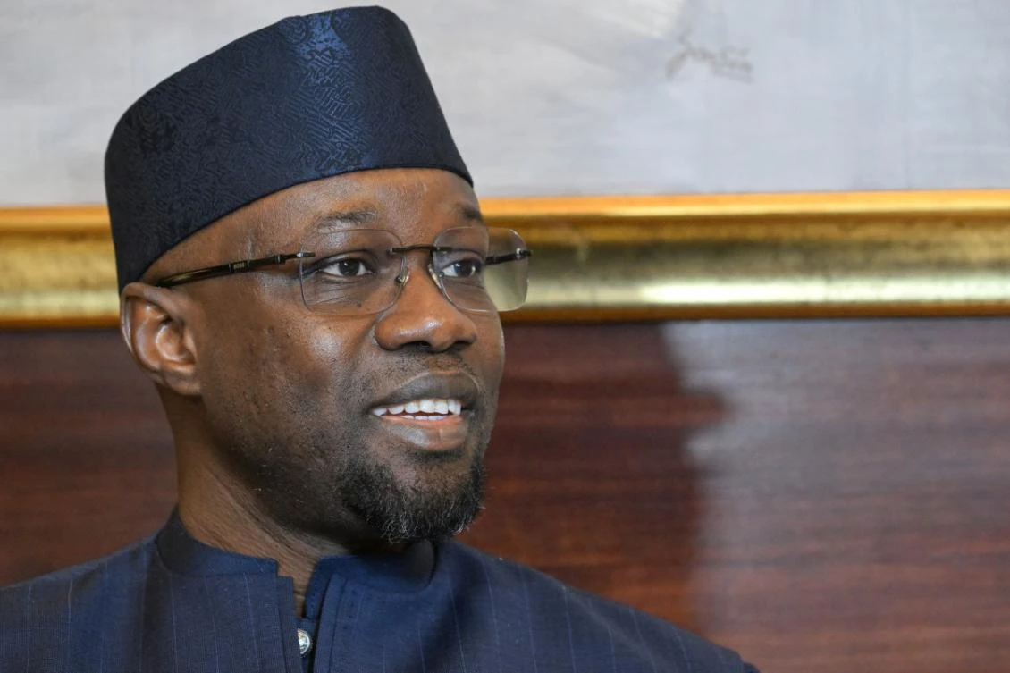 Senegal Prime Minister Ousmane Sonko looks on during a meeting with Ivory Coast's Prime Minister Beugre Robert Manbe (not seen) on May 30, 2025 at the Ivorian Prime Minister's office in Abidjan. (AFP)
