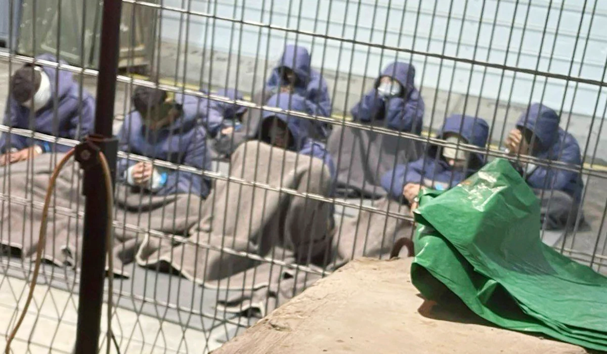 This undated photo from Winter 2023 provided by Breaking The Silence, a whistleblower group of former Israeli soldiers, shows Palestinian prisoners captured in the Gaza Strip by Israeli forces at a detention facility on the Sde Teiman military base in southern Israel. (AP)