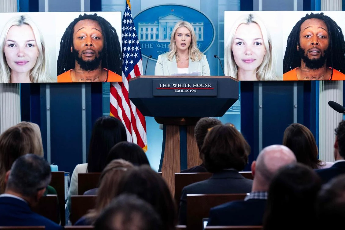White House Press Secretary Karoline Leavitt speaks alongside a photo of Ukrainian refugee Iryna Zarutska, who was allegedly killed by Decarlos Brown Jr., on a light rail train in Charlotte, North Carolina, during a press briefing in the Brady Press Briefing Room of the White House in Washington, Sept. 9, 2025. (AFP)