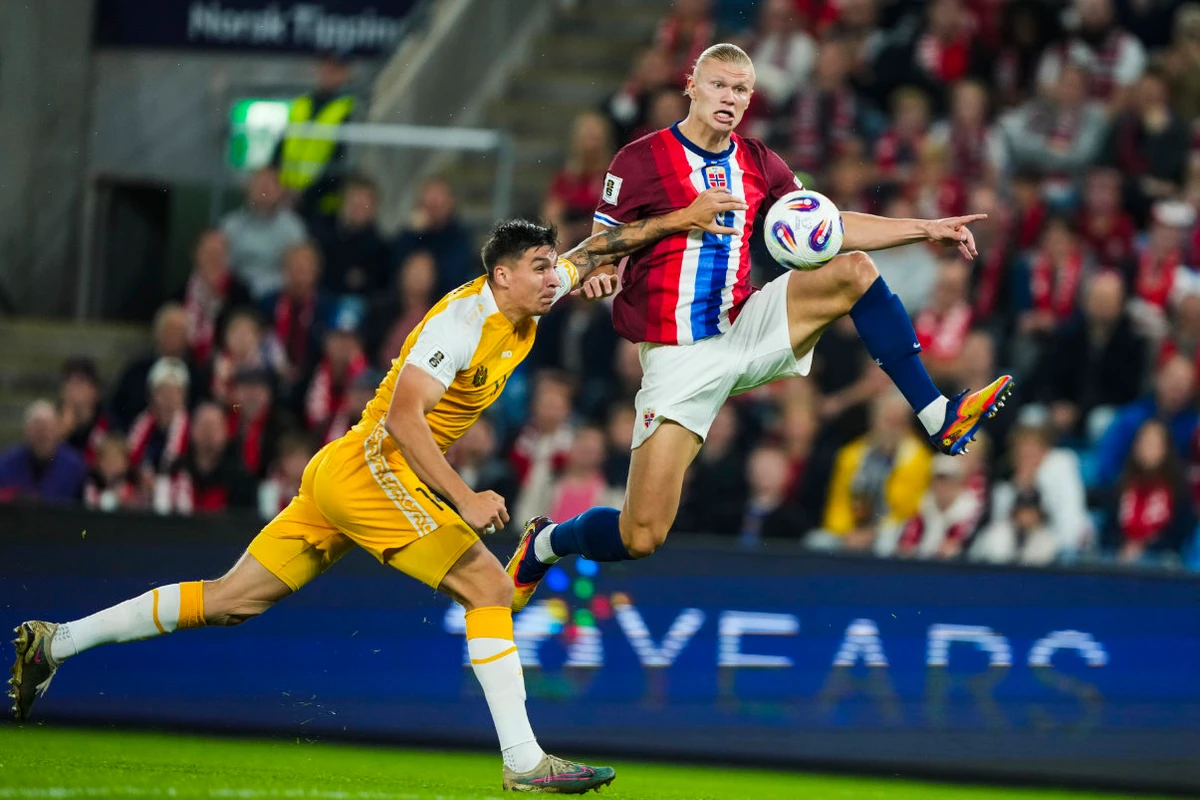 Norway's Erling Haaland, right, in action during the World Cup qualifying soccer match between Norway and Moldova at Ullevaal Stadion, Oslo, Tuesday Sept. 9, 2025. (AP)
