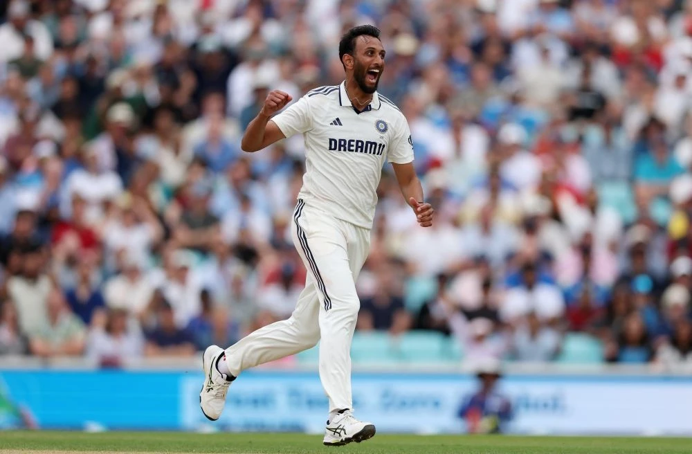 Prasidh Krishna celebrates taking an English wicket at The Oval. (X/@BCCI)