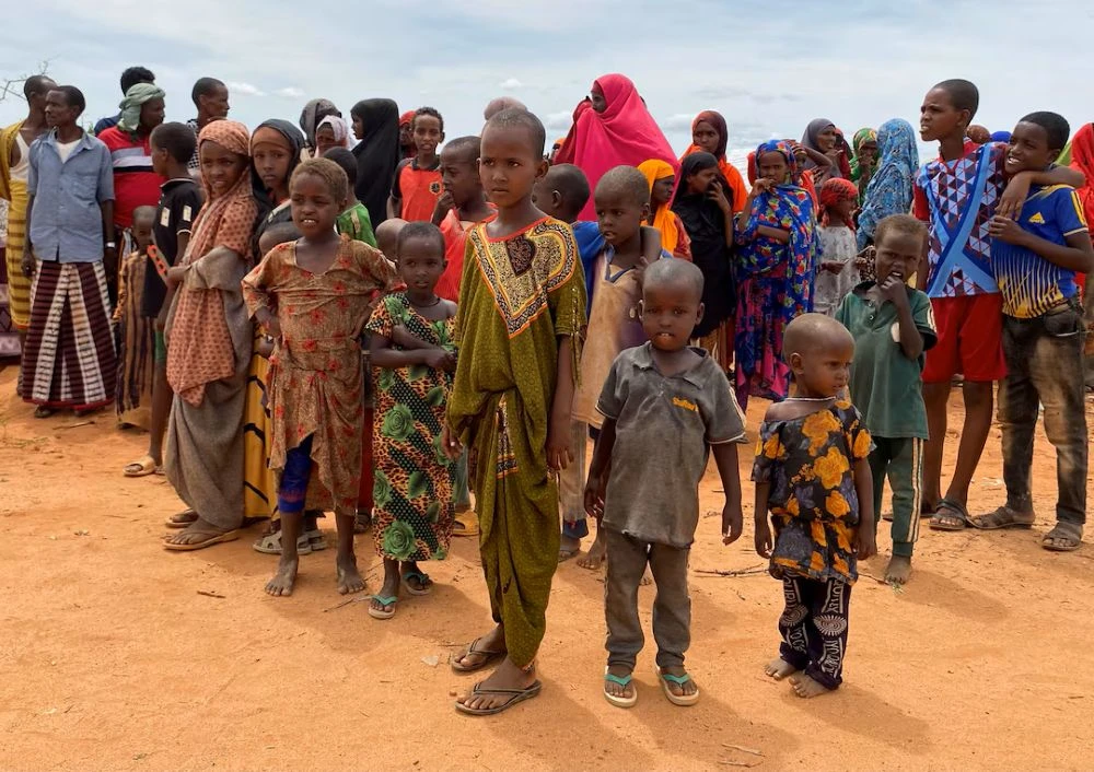 Internally displaced Somali children gather outside their makeshift shelters at Ladan camp in Dollow, Somalia, May 1, 2023. (Reuters)