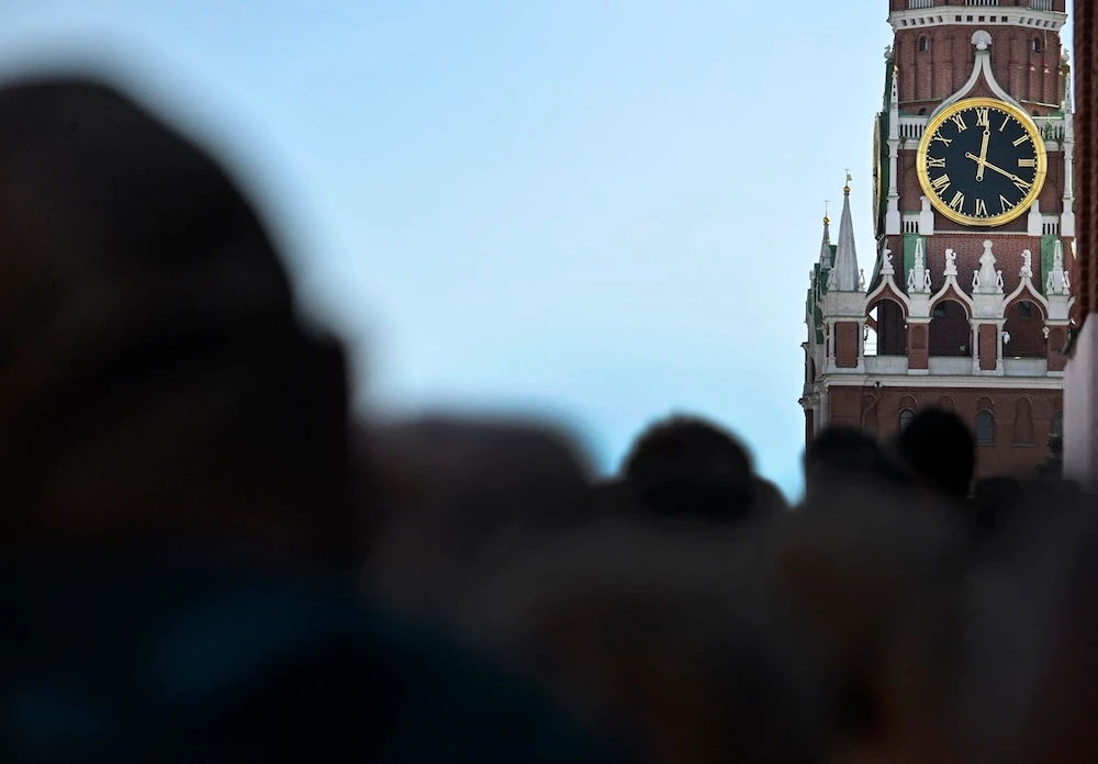 Above, Kremlin’s Spasskaya tower in downtown Moscow. Russia has targeted Ukraine with regular drone barrages as part of an ongoing offensive there following its 2022 invasion. (AFP)