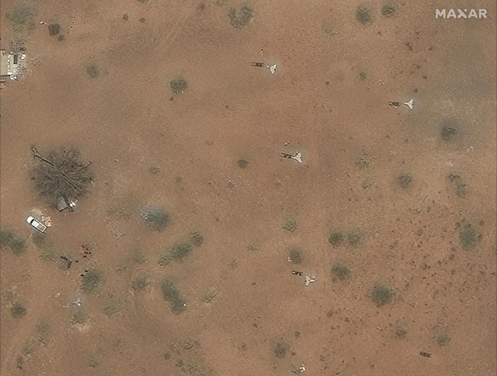 A satellite image shows long-range ‘suicide’ drones and launching gear north of the airport in Nyala, Sudan, May 6, 2025. (Reuters)