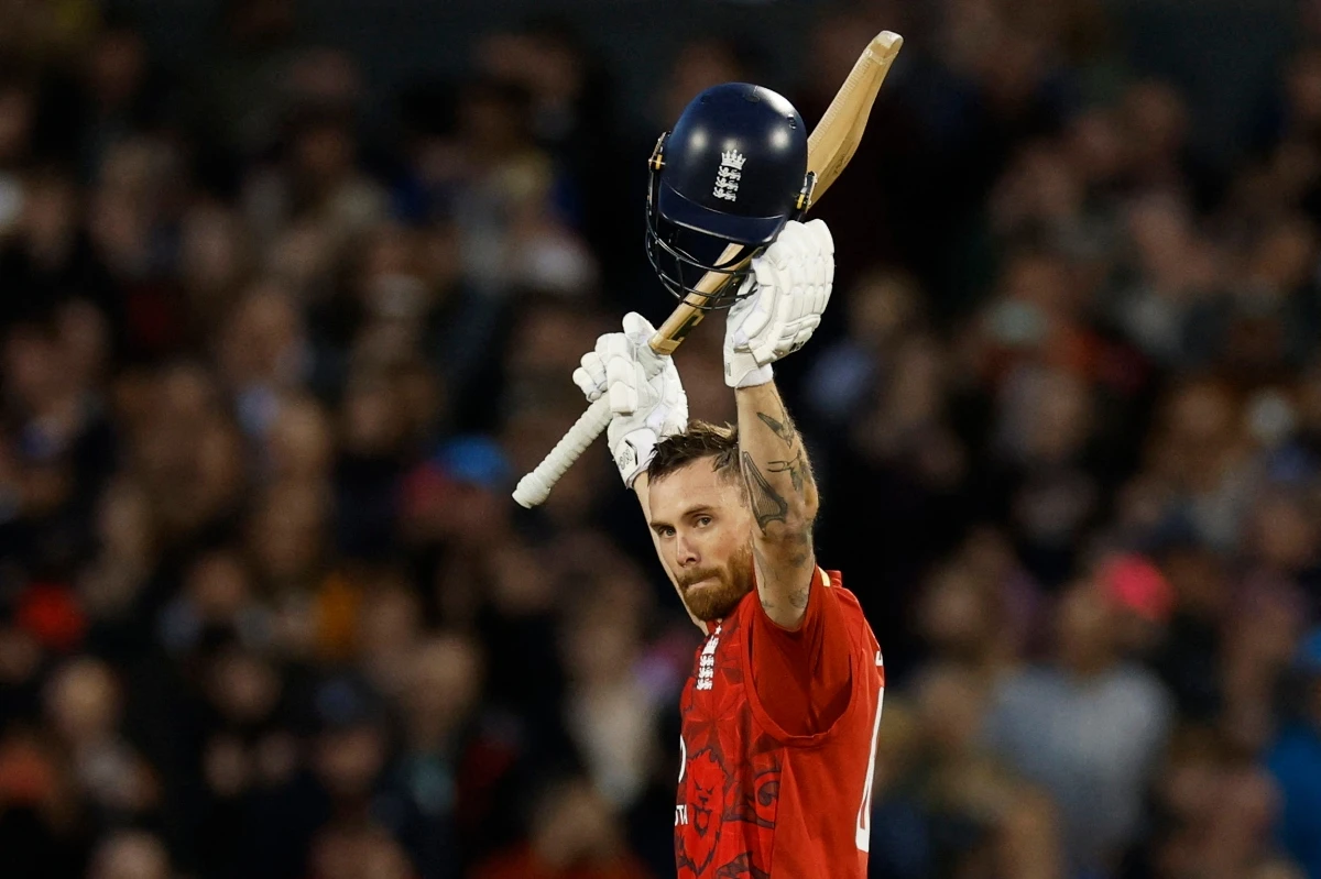 Cricket - Second Twenty20 International - England v South Africa - O Phil Salt celebrates his century during the second of a T20 international three-match series between England and South Africa at Old Trafford Cricket Ground, Manchester, Britain, Friday. (Reuters)