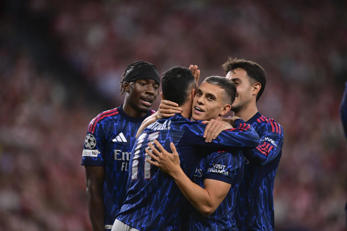 Arsenal’s Gabriel Martinelli celebrates with teammates after scoring the opening goal of their Champions League opening phase match against Athletic Bilbao at the San Mames stadium in Bilbao, Sept. 16, 2025. (AP)